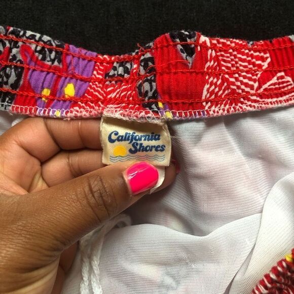 California Shores Vintage Swim Shorts Lined Red Floral Size L - Picture 4 of 6